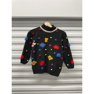 Jennifer Reed Hand Knitted Pom Pom Sweater Black Mock Neck Vintage Womens Small